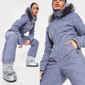 Missguided Quilted Gray Ski Jacket with Fur Hood